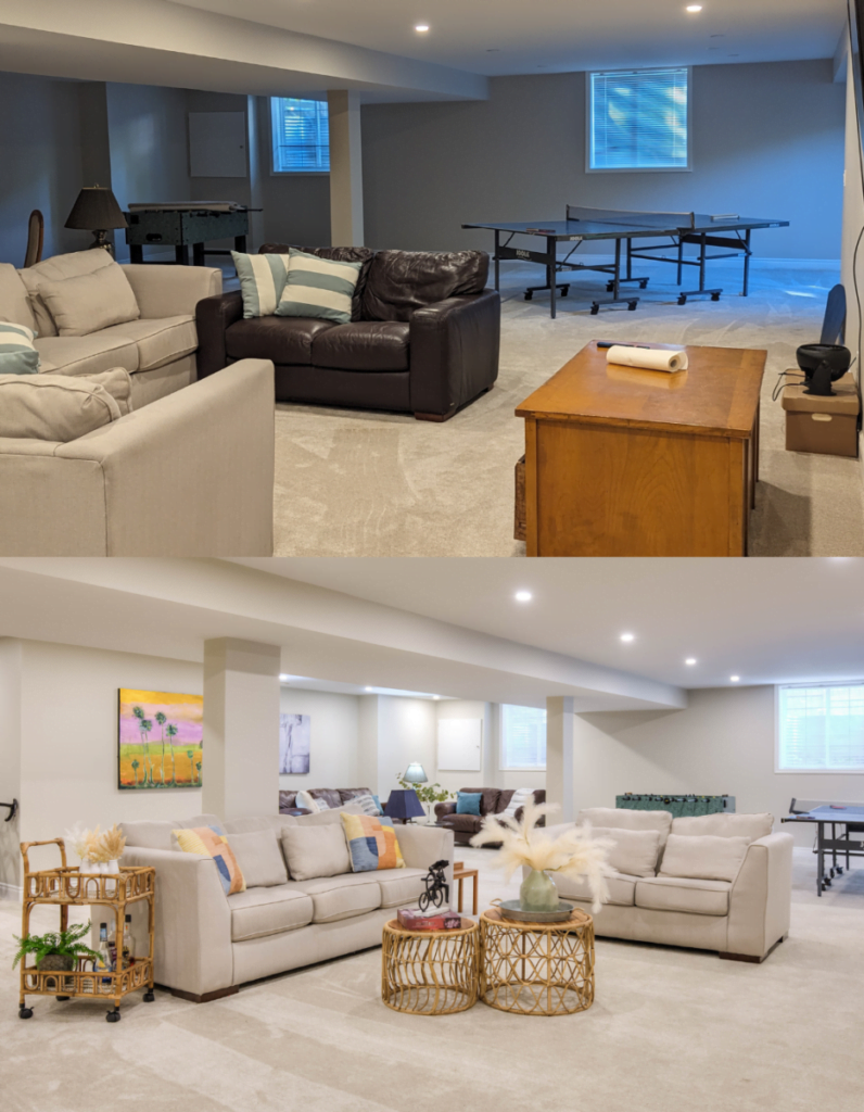Before-and-after pictures of a basement transformation. The initial photo features dim lighting and a lackluster setup, while the subsequent image displays a well-lit room with stylish couches, a coffee table, and attractive accessories.