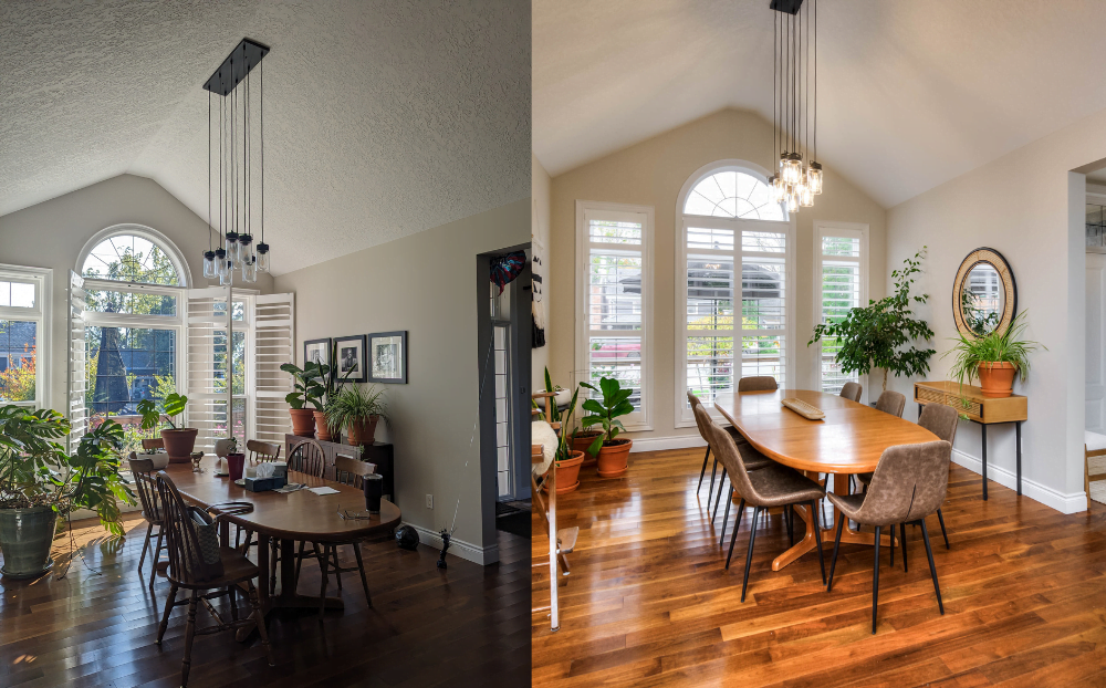 Helen's expertly staged dining area transformation, showcasing a striking before-and-after comparison.