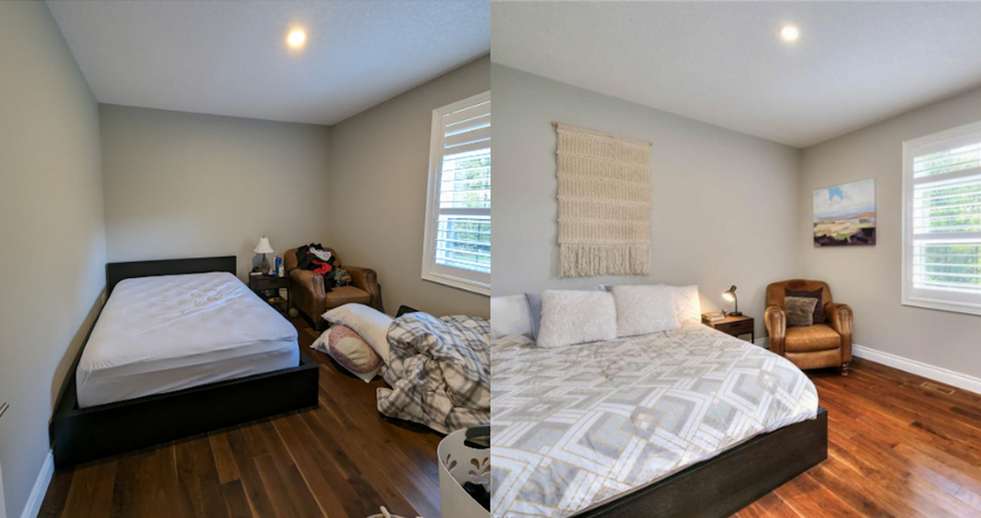 Before-and-after images depicting a bedroom transformation. The initial photo showcases an unmade bed with scattered sheets on the floor, while the subsequent image reveals a tidy, well-appointed room with a neatly made bed and stylish accessories.